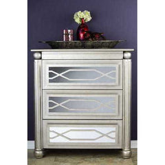 35" X 17" X 37" Antique Silver W  Gold MDF  Wood  Mirrored Glass Accent Cabinet with  drawers and Mirrored Glass