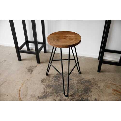 24" Round Natural Brown Ash Wood And Steel Bar Stool