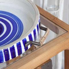 13" Blue And White Ceramic With Wood And Metal Handles Round Tray