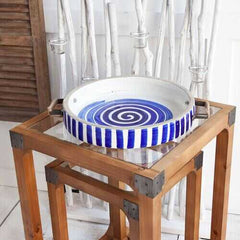 13" Blue And White Ceramic With Wood And Metal Handles Round Tray