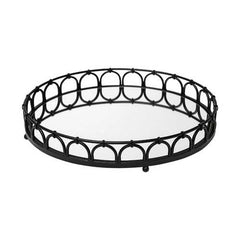 20" Matte Black Metal With Intricately Railings And Mirrored Glass Bottom Round Tray