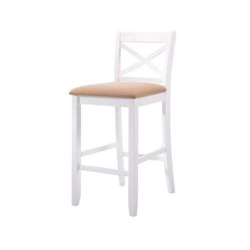 Set of 2 - 43" White Wood Finish with Tan Fabric Upholstered Seat Bar Chairs