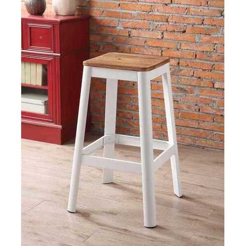 30" White and Natural Metal and Wood Backless Bar Stool