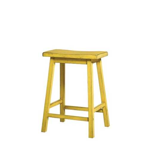 Set of 2 24" Distressed Yellow Finish Saddle Seat Backless Stools