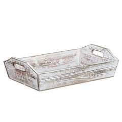 Rectangular White Wash Rustic Finish Wood Serving Tray with Handles