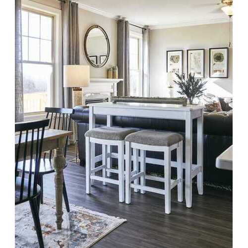 Rectangular White Finish Sofa table with Two Bar Stools