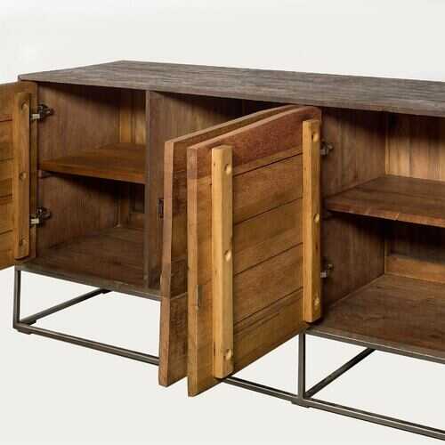 Medium Brown Reclaimed Hardwood Finish Sideboard With 4 Cabinet Doors