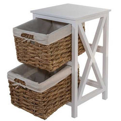 White Wooden Side Table with 2 Lined Basket Weave Drawers