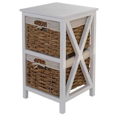 White Wooden Side Table with 2 Lined Basket Weave Drawers