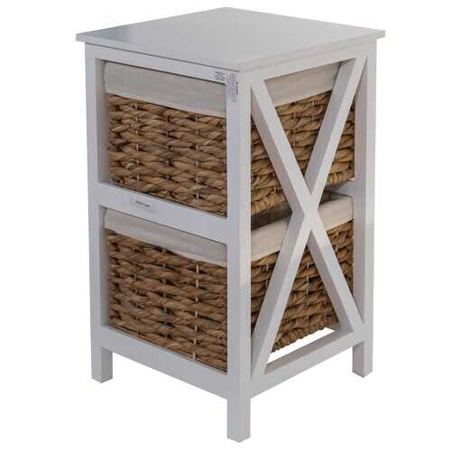 White Wooden Side Table with 2 Lined Basket Weave Drawers