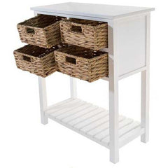 White Wooden Accent Table with 4 Basket Weave Drawers and Bottom Shelf