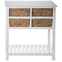 White Wooden Accent Table with 4 Basket Weave Drawers and Bottom Shelf