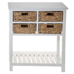 White Wooden Accent Table with 4 Basket Weave Drawers and Bottom Shelf