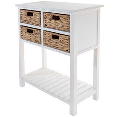 White Wooden Accent Table with 4 Basket Weave Drawers and Bottom Shelf