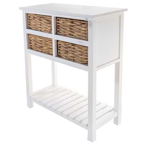 White Wooden Accent Table with 4 Basket Weave Drawers and Bottom Shelf