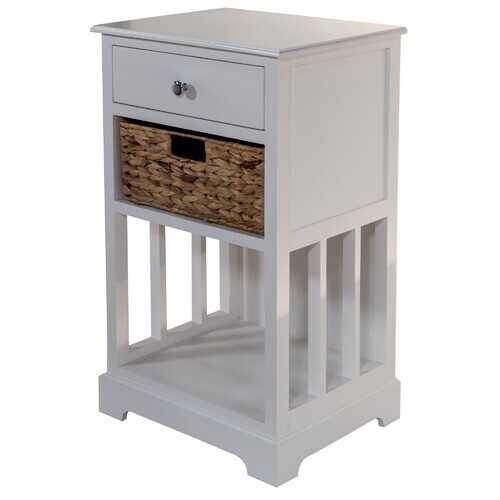 White Wooden Side Table with 1 Lined Basket Weave Drawer and Bottom Shelf