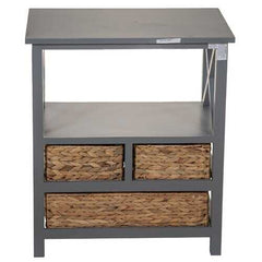 Gray Wooden Accent Table with 3 Basket Weave Drawers and Top Shelf Area