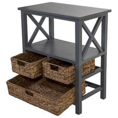 Gray Wooden Accent Table with 3 Basket Weave Drawers and Top Shelf Area