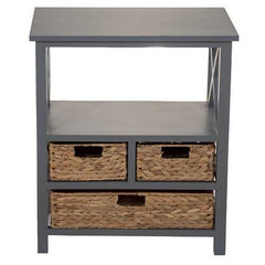 Gray Wooden Accent Table with 3 Basket Weave Drawers and Top Shelf Area