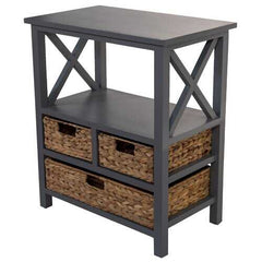 Gray Wooden Accent Table with 3 Basket Weave Drawers and Top Shelf Area