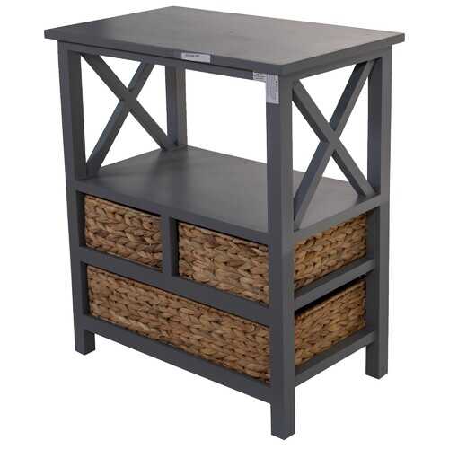 Gray Wooden Accent Table with 3 Basket Weave Drawers and Top Shelf Area