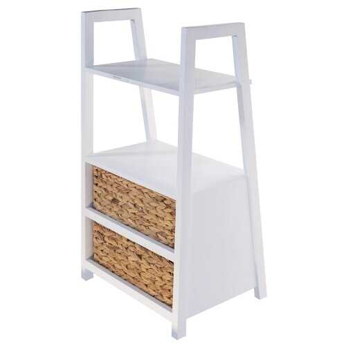 White Wooden Shelving unit   2 Shelves with 2 Basket Weave Drawers