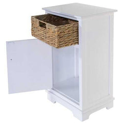 White Wooden Cabinet with 1 Basket Weave Drawer and  1 Door Bottom Storage