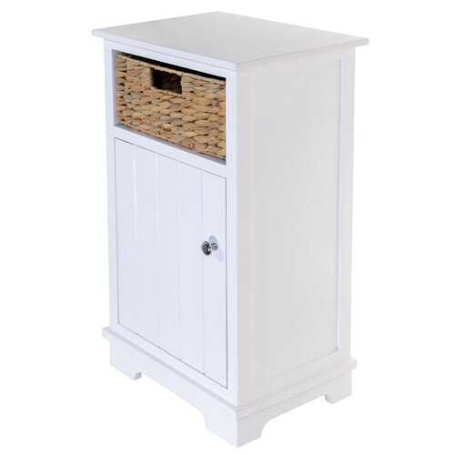 White Wooden Cabinet with 1 Basket Weave Drawer and  1 Door Bottom Storage