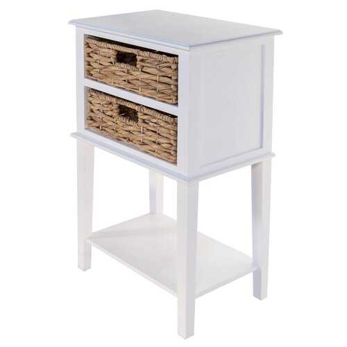 White Wooden Side Table with 2  Basket Weave Drawers and Bottom Shelf