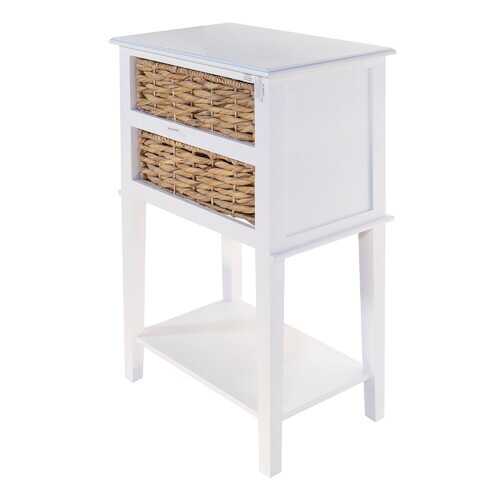 White Wooden Side Table with 2  Basket Weave Drawers and Bottom Shelf