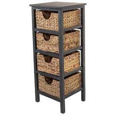 Gray Wooden Side Table with 4 Basket Weave Drawers