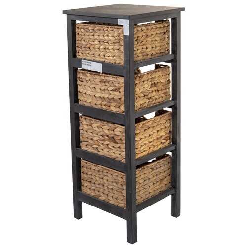 Gray Wooden Side Table with 4 Basket Weave Drawers