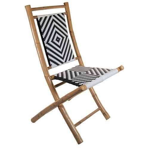 Set of 2 Foldable Armless Chairs in Solid Bamboo Frame with Black and White Woven Seat