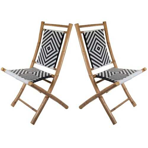 Set of 2 Foldable Armless Chairs in Solid Bamboo Frame with Black and White Woven Seat