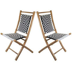 Set of 2 Foldable Armless Chairs in Solid Bamboo Frame with Black and White Woven Seat