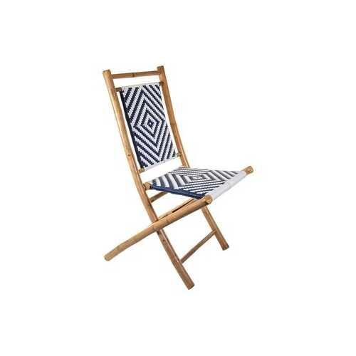 Set of 2 Foldable Armless Chairs in Solid Bamboo Frame with Blue and White Woven Seat