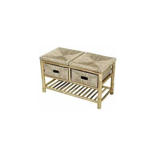 Rectangular Brown Bench Bamboo Frame with 2 Basket Weave Drawers and Bottom Shelf